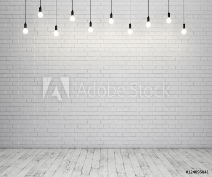 Picture of Painted brick wall and wooden floor with glowing light bulbs 3D rendering